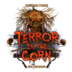 Hand drawn Terror In The Corn image of a scarwcrow with farming equipment around the edges