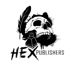 White skull with a black feather, black ink splotch and inkwell with words Hex Publishers