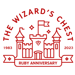 The Wizard's Chest outline  of a castle in red, with the words ruby anniversary under from 1983 to 2024