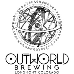 Outworld Brewing, Longmont Colorado - Black outline of a planet but see through with words and metal bits rottating around