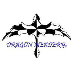 A black and white checkered dragon with the words Dragon Meadery in blue