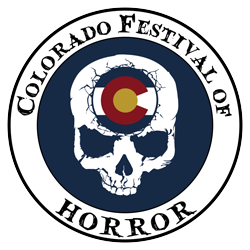 a circle with white skull with blue background with the words colorado festival of horror in the circle