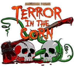 Hand drawn Terror In The Corn image of a scarwcrow with farming equipment around the edges